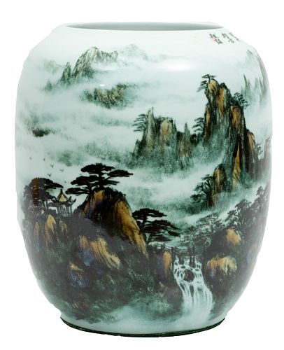 Chinese Polychrome Drum Vase, 21st C., Misty Southern Mountain Range, H 16'' Dia. 13''