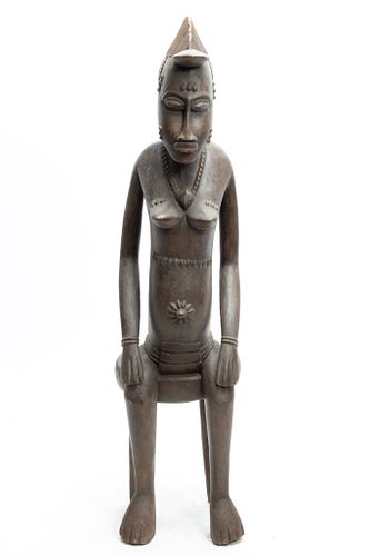 Senufo Republic Of Congo Carved Wood Sculpture, Seated Nude Woman, H 40'' W 9''