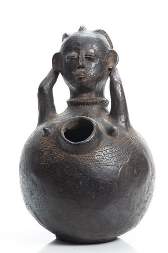 Nigerian Ceramic Female Figural Vessel, H 16'' Dia. 10''