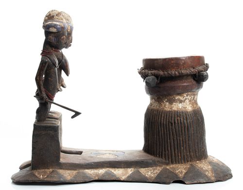 Nigerian Polychromed Carved Wood Drum, H 19'' L 24''