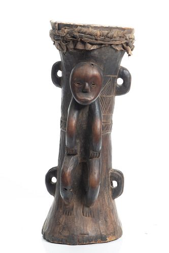 Nigerian  Carved Wood And Hide Drum, H 21'' W 9.5''