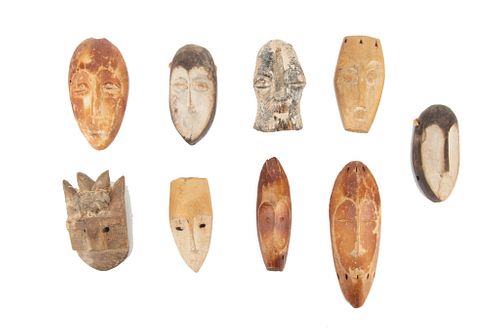 Gabon, African Polychrome Carved Wood Miniature Masks, 9 Pcs, H 4.5"-7.25
