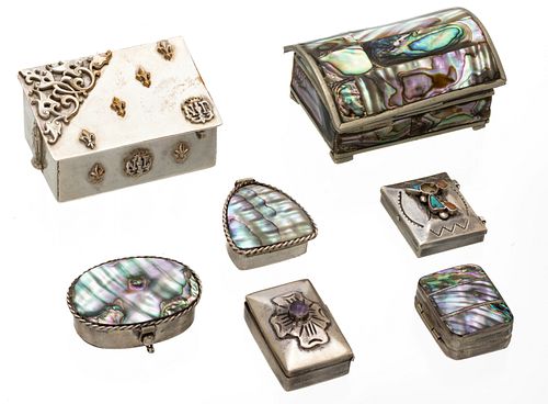 Mexican Sterling & Mother Of Pearl Boxes (4) + 3 Others L 1'' 7 pcs