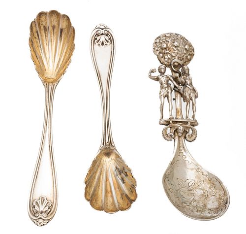 Hand Made Silver Adam And Eve Spoon Under Apple Tree Spoon + 2 Coin Shell Sugar Spoons Ca. 1900, L 5.5'' 3.5t oz 3 pcs