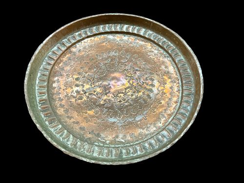 Antique Persian Round Copper Etched Tray
