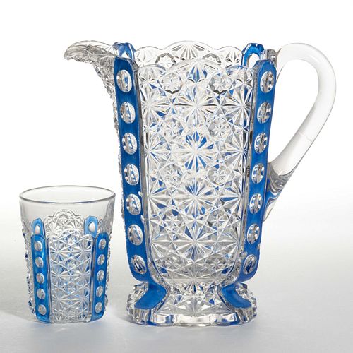 DAISY AND BUTTON WITH THUMBPRINT PANEL - BLUE-STAINED PITCHER AND TUMBLER