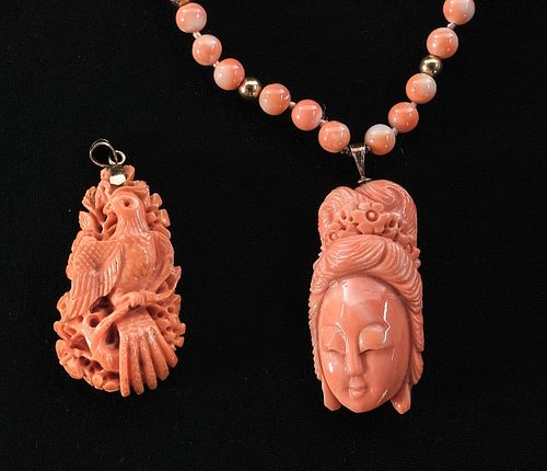 Chinese Carved Coral Bead Necklace and Pendants