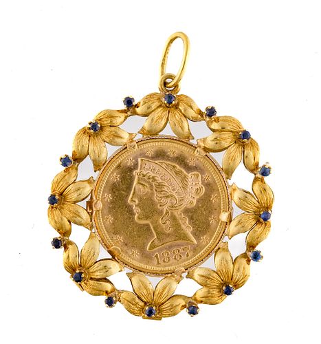 1887 $5 Liberty Gold, 18K ITALY Sapphire Pendant