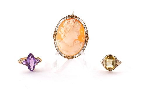 Shell Carved Cameo Pin and 2 Estate Rings