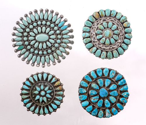 4 Native American Sterling & Turquoise Pins