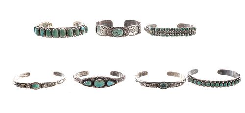 7 Native American Sterling & Turquoise Bracelets