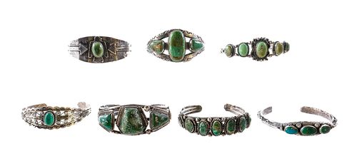7 Southwest Sterling & Green Turquoise Bracelets