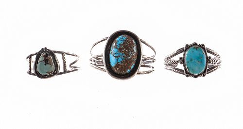 3 Native American Sterling & Turquoise Bracelets