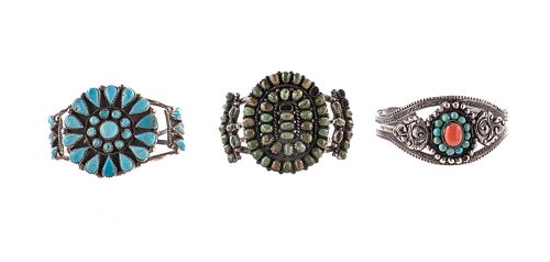 3 Native American Silver & Turquoise Cluster Cuffs
