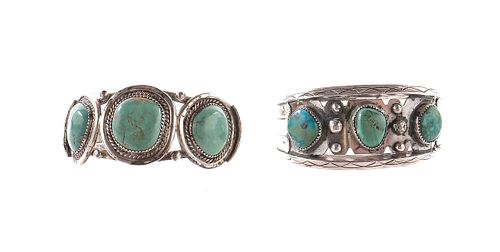 2 Native American Silver & Turquoise Bracelets