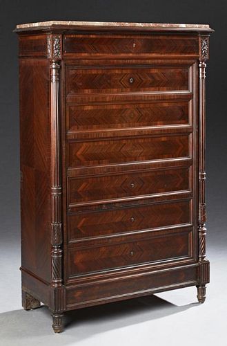 French Henri II Style Carved Inlaid Mahogany Marbl