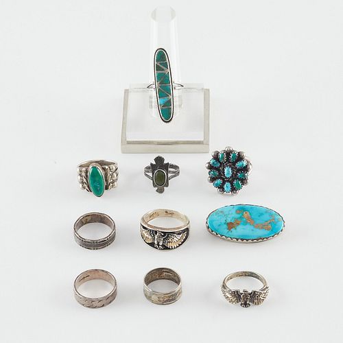 10 Southwest Sterling & Turquoise Rings & Pin