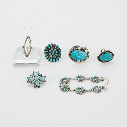 6 Southwest Turquoise Jewelry Rings, Pin, Bracelet