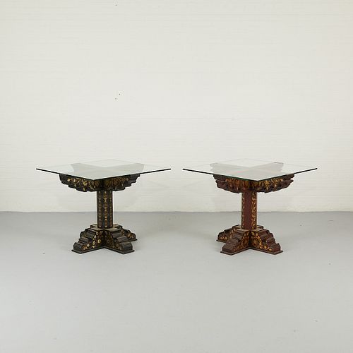 Pair Southeast Asian Pedestal Tables w/ Glass Tops