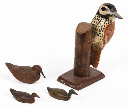AMERICAN FOLK ART CARVED AND PAINTED WOODEN BIRDS, LOT OF FOUR