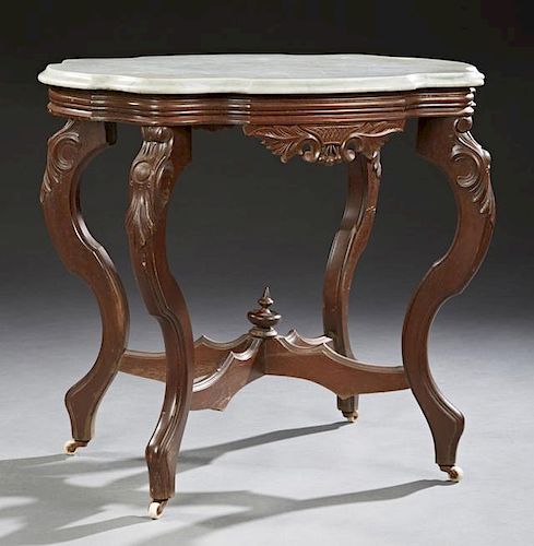 American Victorian Carved Walnut Marble Top Table,