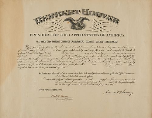 Postmaster Document Signed by Herbert Hoover