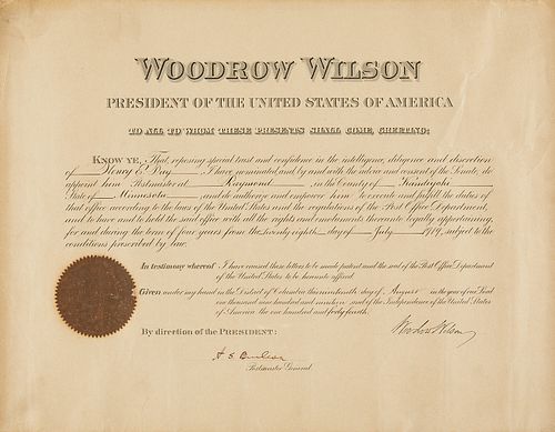 Postmaster Document Signed by Woodrow Wilson