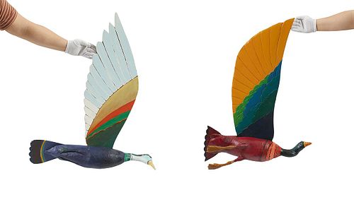 2 Don Gahr Painted Wood Hanging Bird Sculptures