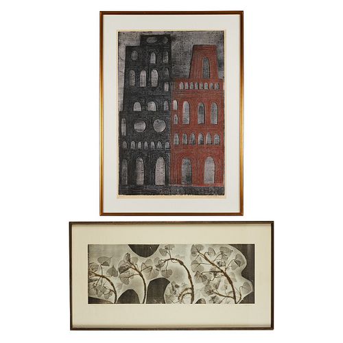 2 Eugene Larkin Woodcuts - Ruins & Plant Forms I