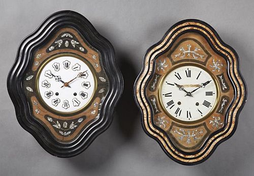 Two French Ebonized Inlaid Wall Clocks, c. 1870, t