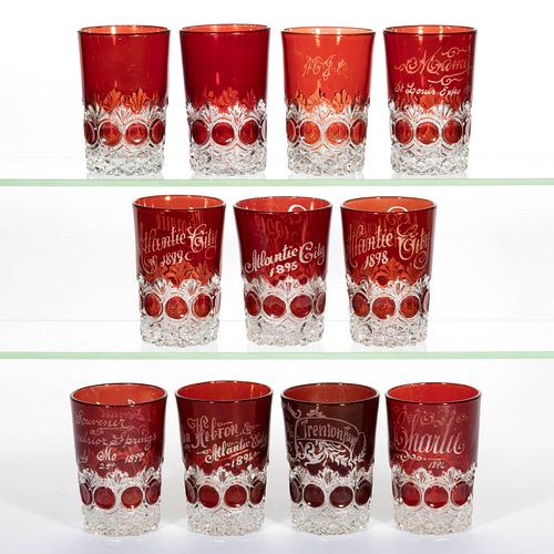 BULL'S EYE FAN AND BUTTON - RUBY-STAINED TUMBLERS, LOT OF 11
