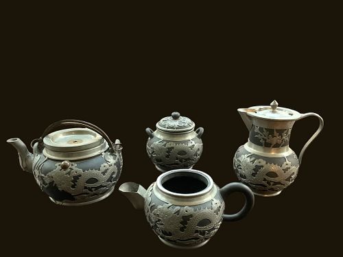4 Pieces of Yixing Pewter Dragon and Bat Tea Service