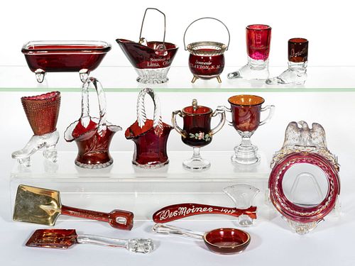 ASSORTED FIGURAL PRESSED GLASS - RUBY-STAINED ARTICLES, LOT OF 15