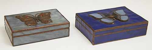 Pair of Orient and Flume Slag Glass Dresser Boxes,