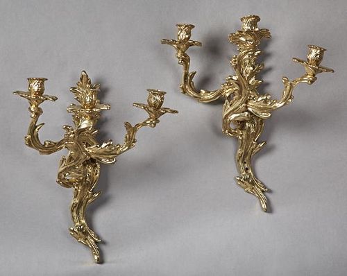Pair of Louis XV Style Gilt Bronze Three Light Sco