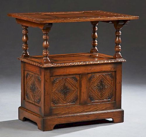 English Carved Oak Monk's Bench Table, late 19th c