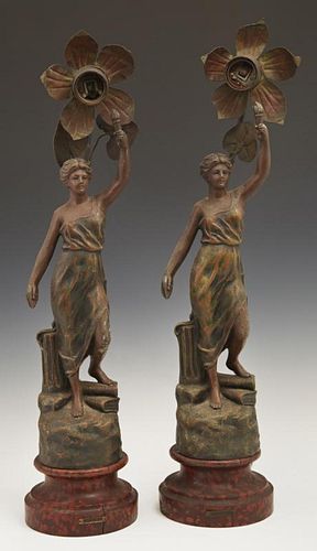 Pair of Art Nouveau Patinated Spelter Newel Post L