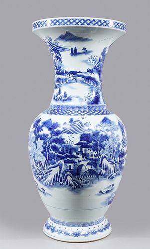 Tall & Elaborate Chinese Blue & White Porcelain Vase