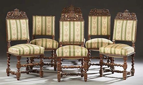 Set of Six French Louis XIII Style Carved Oak Upho