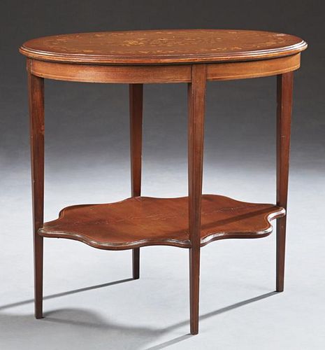 American Marquetry Inlaid Oval Mahogany Lamp Table