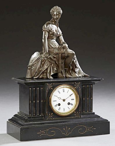 French Black Marble Figural Mantle Clock, c. 1880,