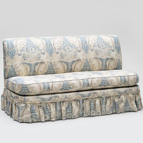Blue, White and Grey Printed Linen Upholstered Banquette