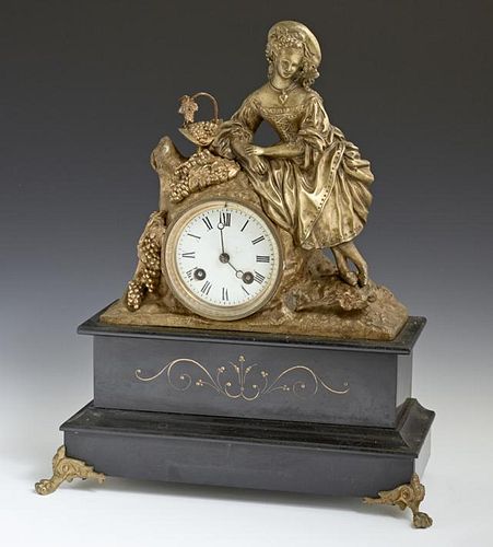 French Gilt Bronze and Marble Mantel Clock, c. 185
