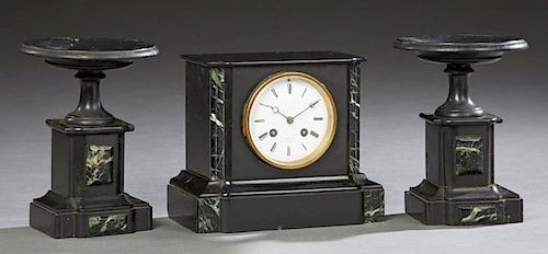 French Inlaid Black and Verde Antico Marble Clock
