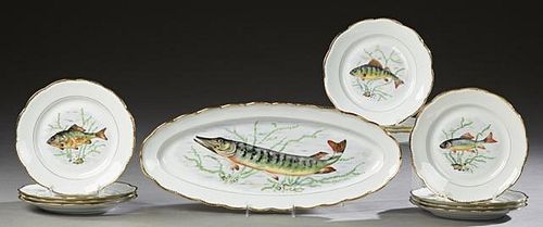 French Thirteen Piece Porcelain Fish Set, early 20