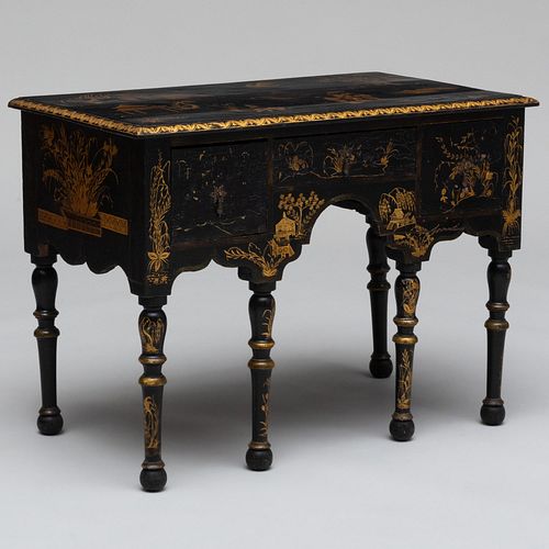 Continental Black Painted and Parcel-Gilt Chinoiserie Decorated Lowboy, possibly Dutch