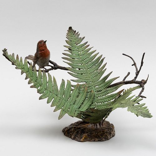 Austrian Cold Painted Bronze Fern and Bird Form Basket
