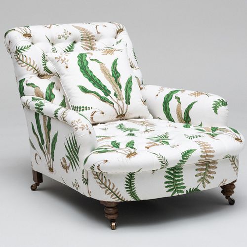 Botanical Print Linen Tufted Upholstered Club Chair and Matching Pillow