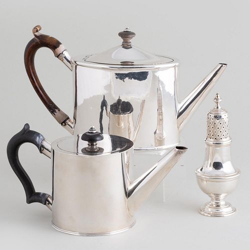 Two English Silver Teapots and a Muffineer