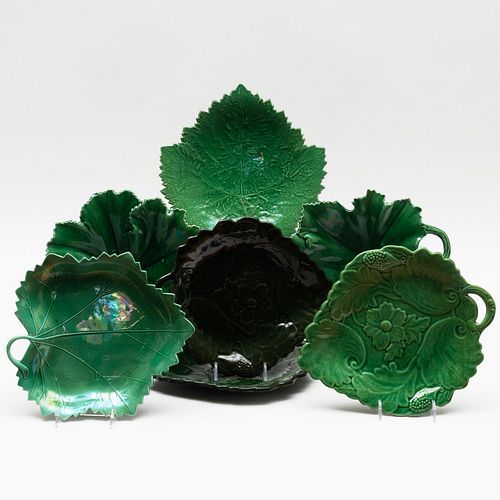 Group of Seven Majolica Leaf Form Dishes